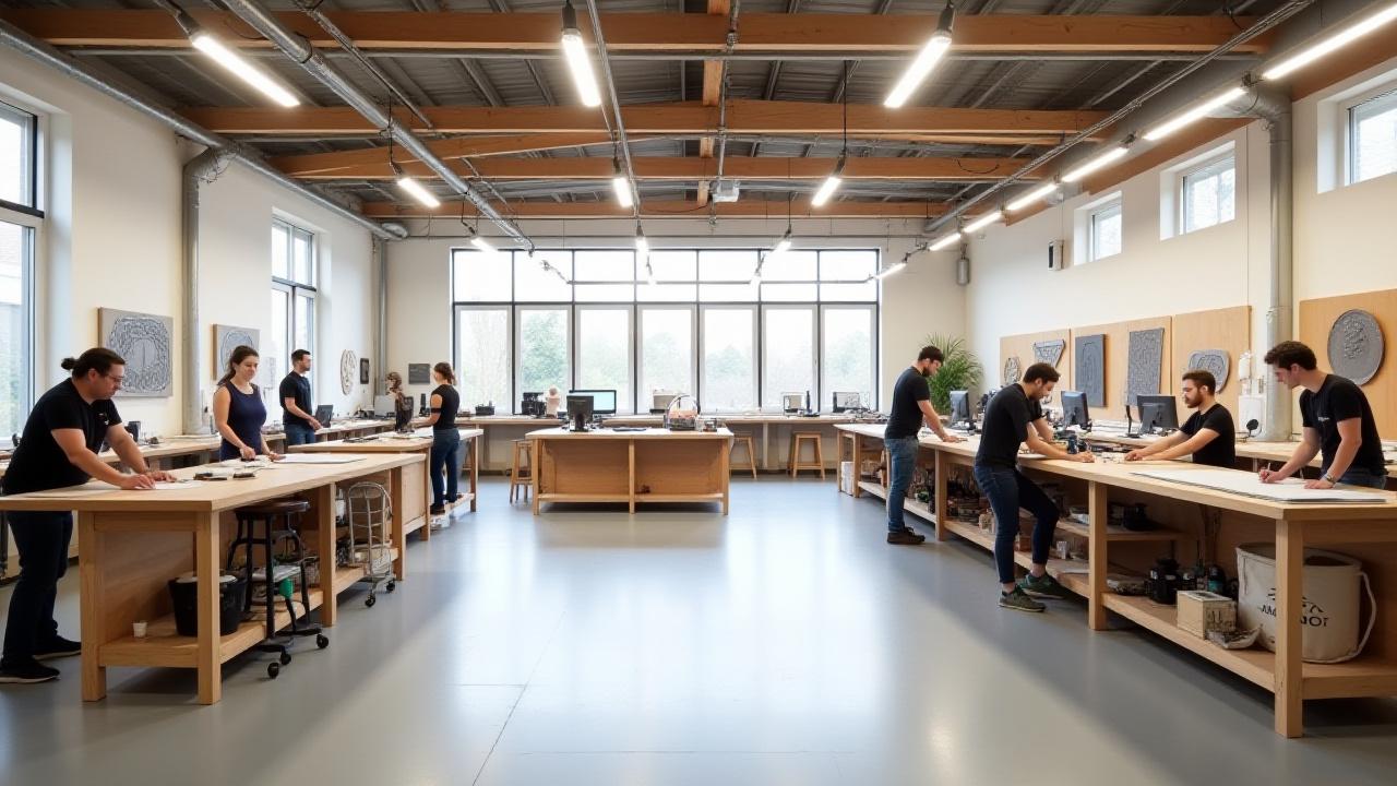 Amano Craft工房の清潔で整理された作業スペース。明るい照明の下で、金属加工が行われている様子。