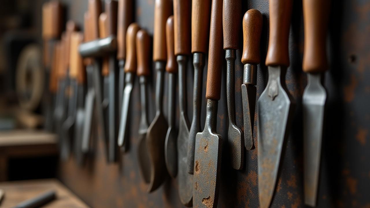 Amano Craft工房の壁に整然と掛けられた様々な金工ツール。ハンマー、ペンチ、やすりなど。