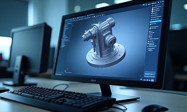 3Dモデリング基礎講座のイメージ。PC画面に建築金物の複雑な3Dモデルが表示されている。