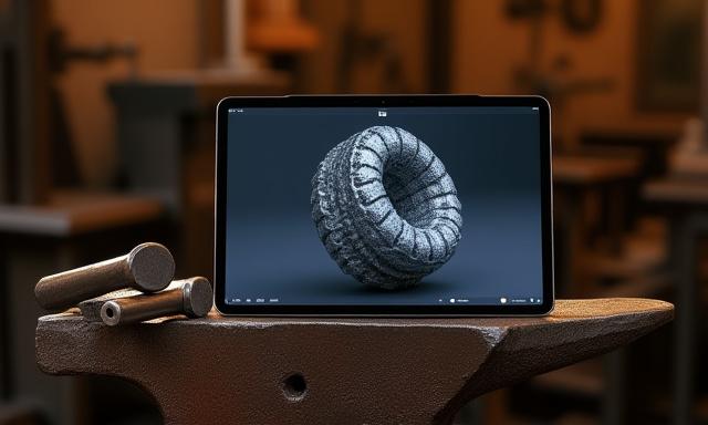 デジタル鍛冶入門コースのイメージ。炉の前に置かれたデジタルタブレットに3Dモデルが表示されている。