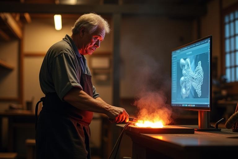 伝統的な鍛冶職人が熱い鉄を叩いている様子、背景には現代的なデザインツールがぼやけて映る。